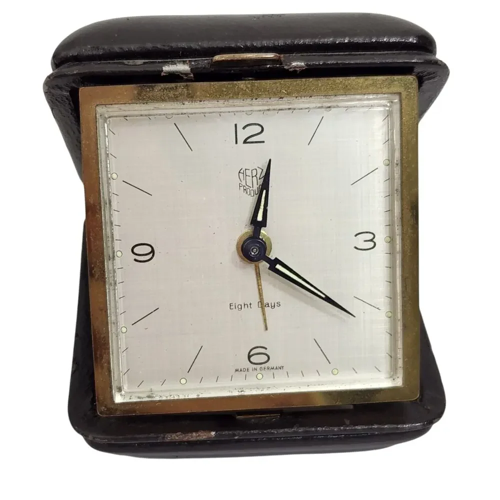 VTG ELGIN TRAVEL FOLDING ALARM CLOCK MID CENTURY WIND UP JAPAN WORKS LEATHER